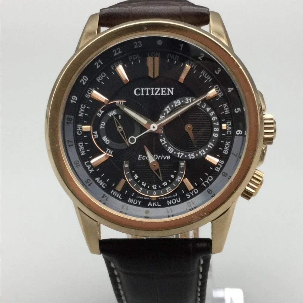 Citizen Eco-Drive Mens Watch 44mm Black Dial Gold Tone Brown Leather World Time
